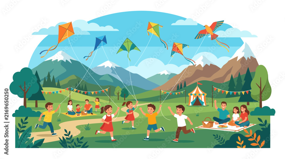 Fototapeta premium Joyful Children Flying Kites in Scenic Mountain Park Picnic Festival