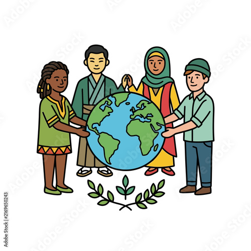 A group of children from around the world holding the earth globe to symbolize global unity, world peace, and human diversity.