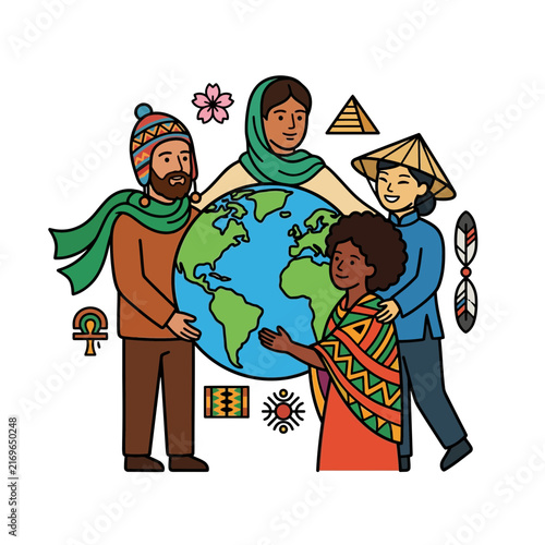 A diverse group of global people promoting unity and culture around a world globe for international harmony and peace.