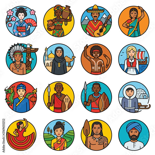 Diversity - Diverse people representing global culture and tradition through ethnic heritage and clothing in a set of colorful round avatar icons.