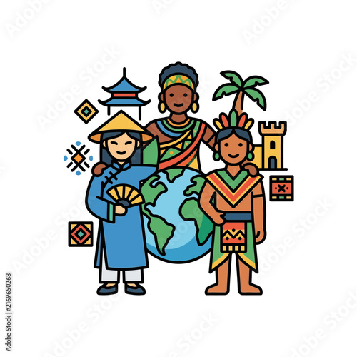 Diverse group of people celebrating global culture and ethnic diversity around the earth globe in a multicultural illustration.