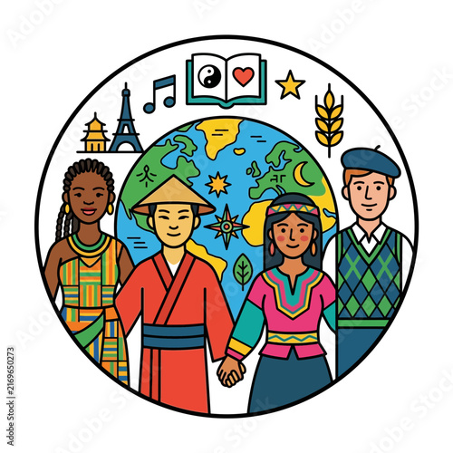 A celebration of diversity and global culture with people standing together in unity around the world to represent international friendship.