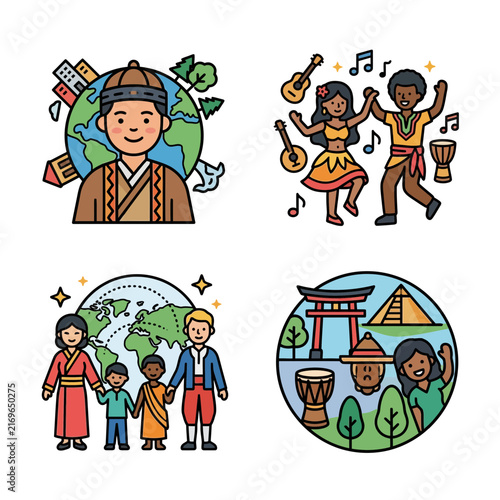 Vibrant collection of illustrations celebrating diversity, culture, and global unity where diverse people share traditions and world heritage.