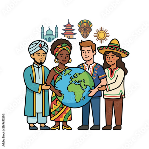 A celebration of diversity and culture as diverse people hold a globe together to promote unity and global peace across the world.