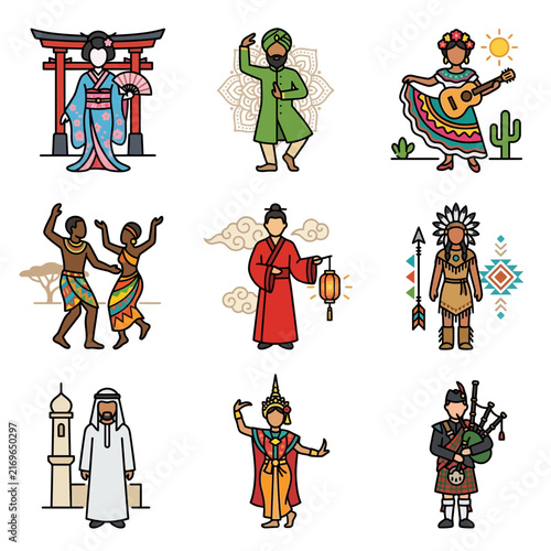 Collection of international people showcasing traditional culture and diversity through ethnic clothing from various countries around the world.