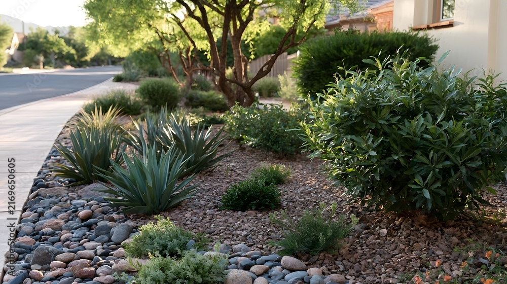 Obraz premium A low water xeriscape garden with succulents shrubs and rocks borders a residential sidewalk under soft morning light