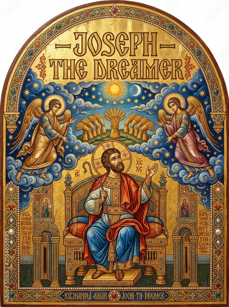 Fototapeta premium Decorative religious icon depicting Joseph the dreamer seated on a throne with angels, wheat sheaves, stars, sun, moon, and ornate Byzantine-inspired sacred artwork