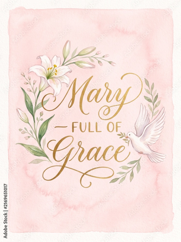 Fototapeta premium Watercolor greeting card with lily, dove, leafy botanical wreath, and gold lettering expressing Mary full of grace for religious celebration and Christian inspiration