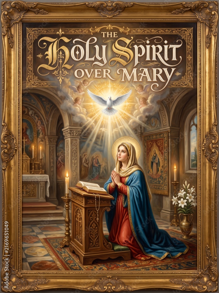 Fototapeta premium Praying woman kneeling before a lectern in a richly decorated church beneath a radiant dove and angels. Religious devotion, sacred art, faith, and spiritual worship concept.