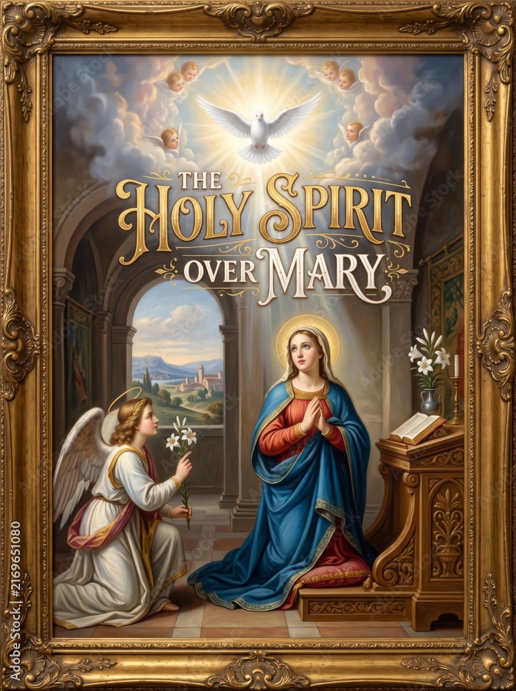 Fototapeta premium Religious painting depicting the Virgin Mary kneeling before an angel beneath a radiant dove, surrounded by cherubs, sacred architecture, flowers, and an ornate gold frame