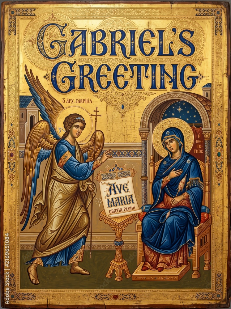 Fototapeta premium Annunciation icon depicting angel Gabriel visiting the Virgin Mary. Byzantine Christian religious artwork with ornate gold border, sacred scripture, prayer and church tradition.