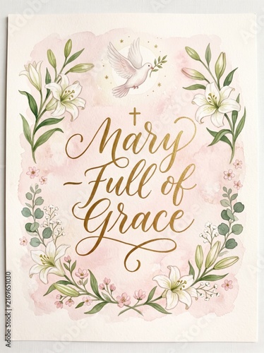 Watercolor Easter greeting card with dove, lilies, floral border, cross, and inspirational calligraphy about grace and gratitude. Religious celebration design.