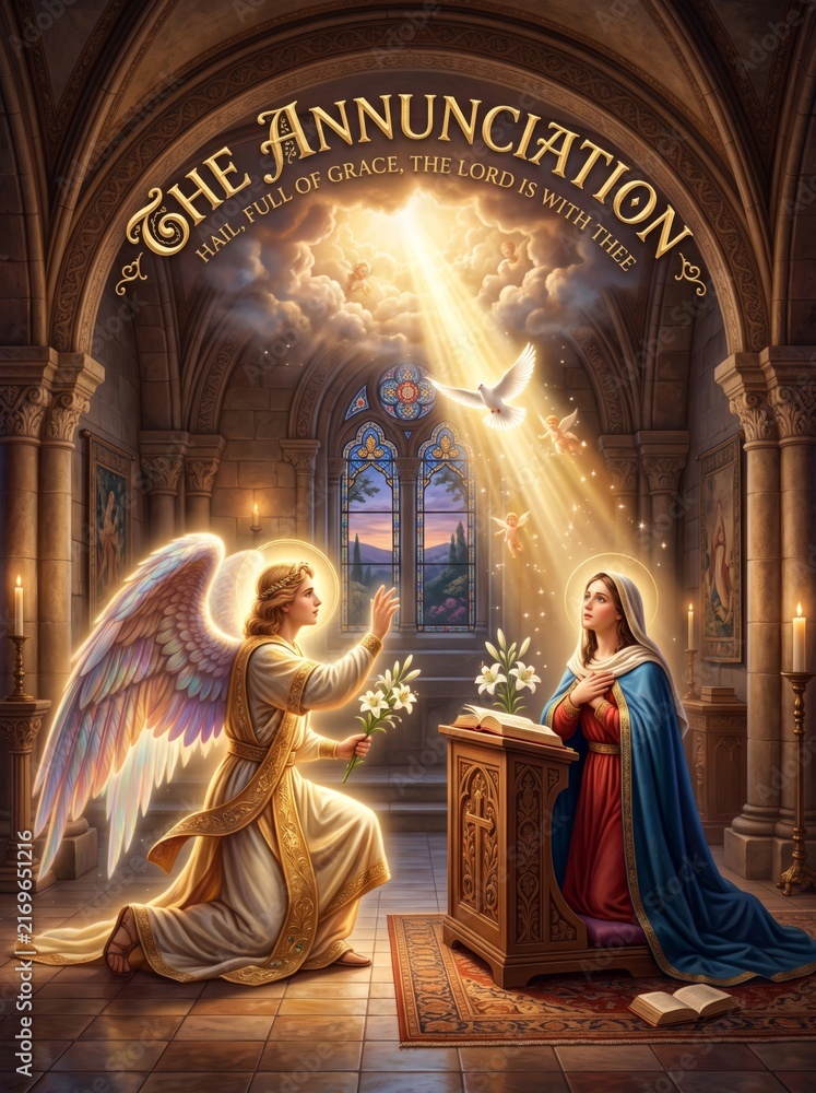 Fototapeta premium Archangel Gabriel announcing the conception of Jesus to woman Mary inside a candlelit church. Biblical Annunciation scene with dove, angel, stained glass, prayer and divine light.