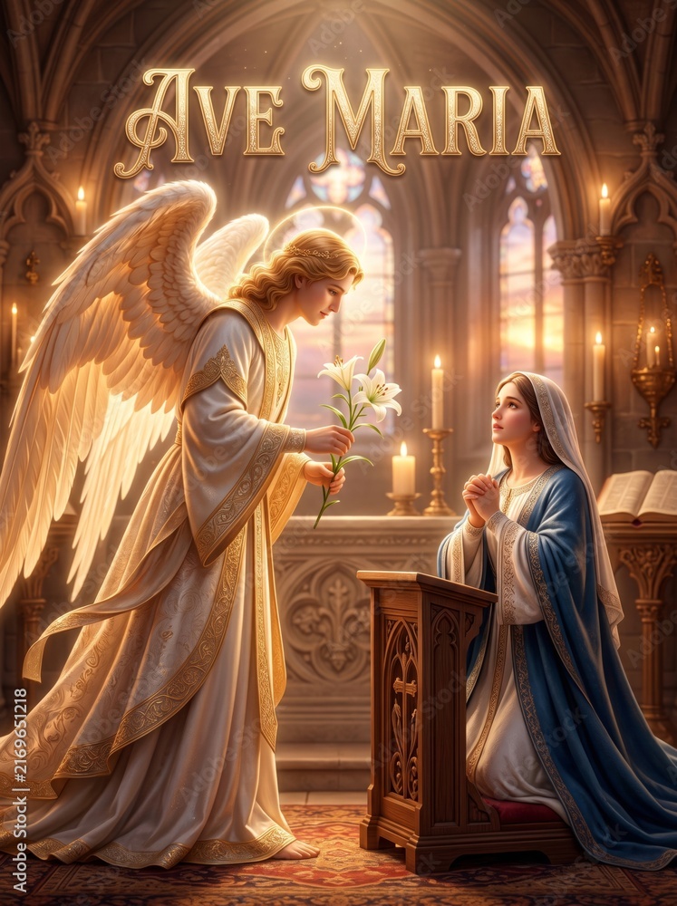 Fototapeta premium Angel presenting lilies to praying woman in cathedral. Biblical Annunciation scene with sacred architecture, candlelight, faith, humility, and religious Christmas concept.