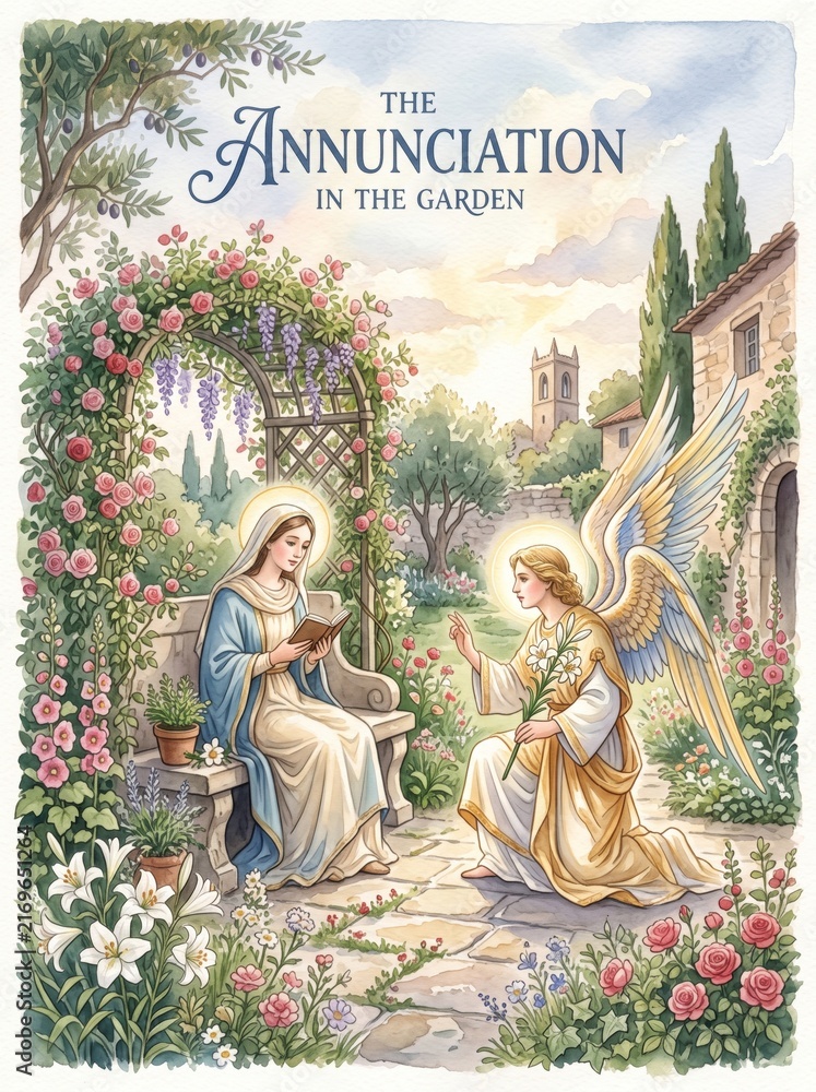 Fototapeta premium Watercolor illustration of the Annunciation with a woman and angel meeting in a flower garden. Religious scene with roses, olive tree, village church and heavenly symbolism.