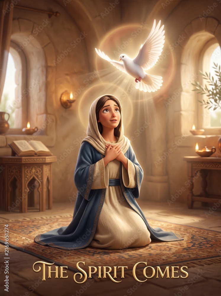 Fototapeta premium Praying woman kneeling in a candlelit chapel beneath a glowing dove. Christian faith, divine inspiration, spiritual hope, and religious devotion concept.