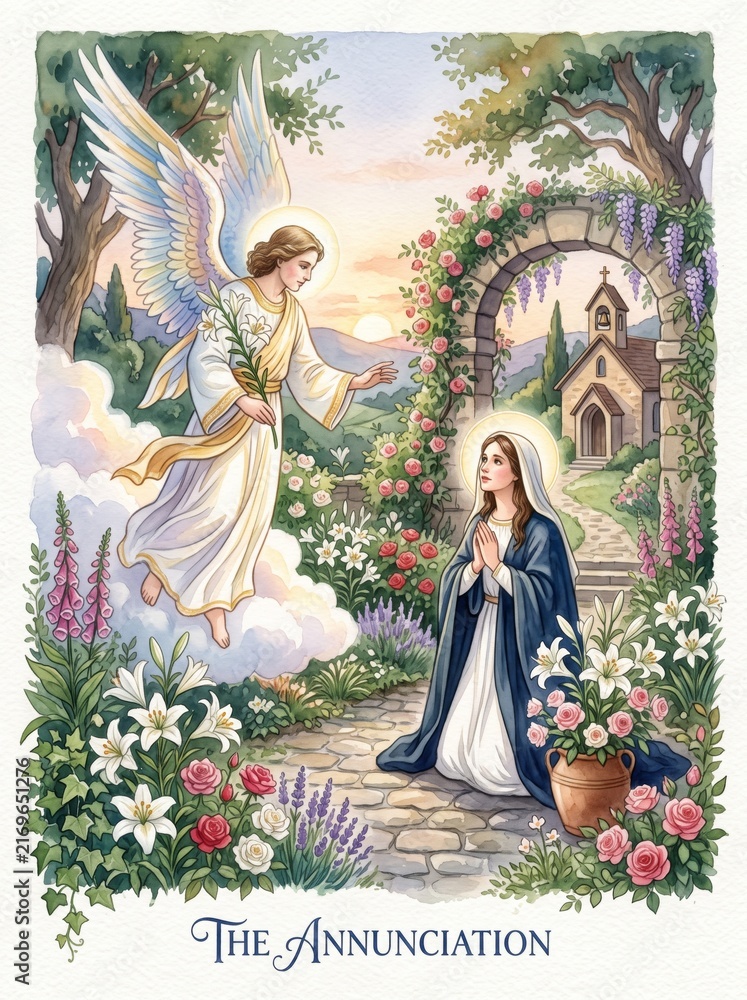 Fototapeta premium Angel announcing to praying woman in flower garden beside a church. Religious illustration of the Annunciation with Mary, sacred faith, spring nature, and devotional Christian symbolism.