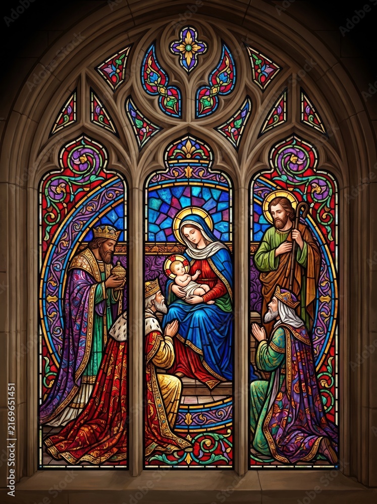 Naklejka premium Ornate stained glass window depicting the nativity with Mary, baby Jesus, Joseph, angels, and visiting kings. Christian church artwork symbolizing faith, Christmas, and biblical history.
