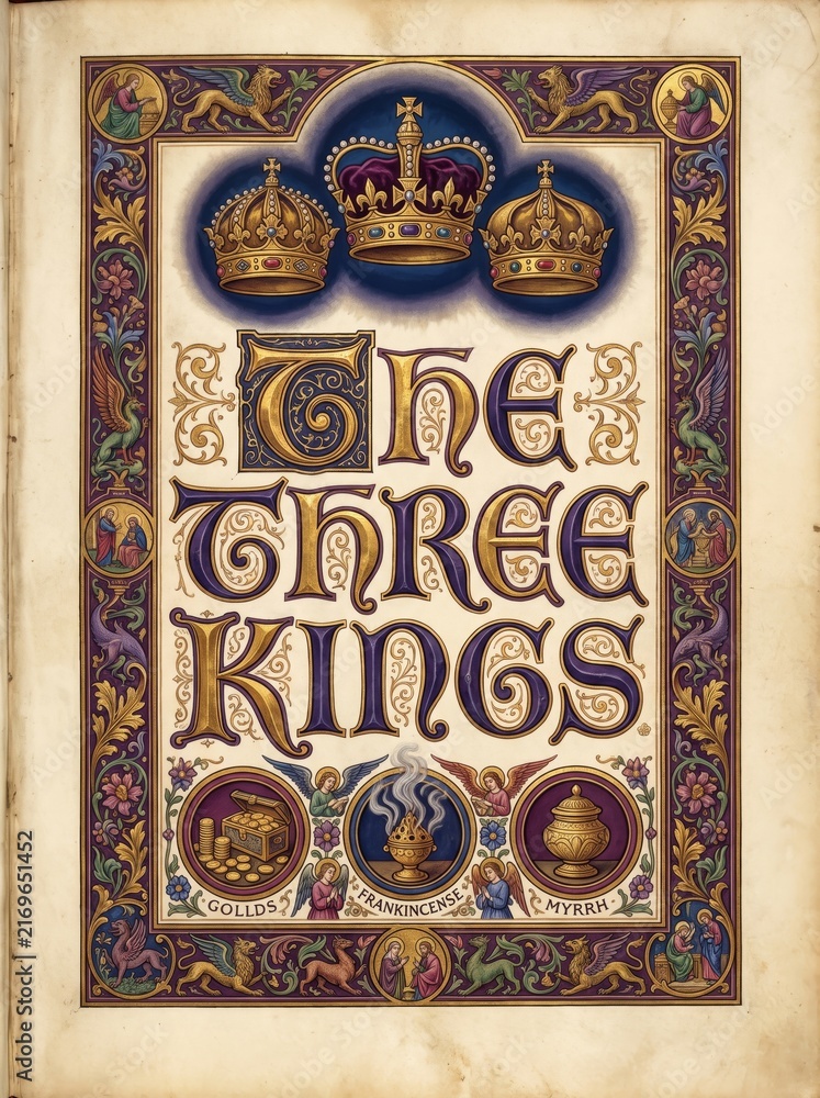 Naklejka premium Ornate Christian illuminated manuscript depicting three crowns and the gifts of the Magi, gold, frankincense, and myrrh, with angels, animals, and decorative medieval border