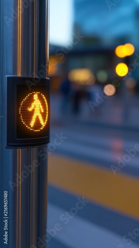 An illuminated pedestrian signal in a cityscape setting, highlighting safety at dusk