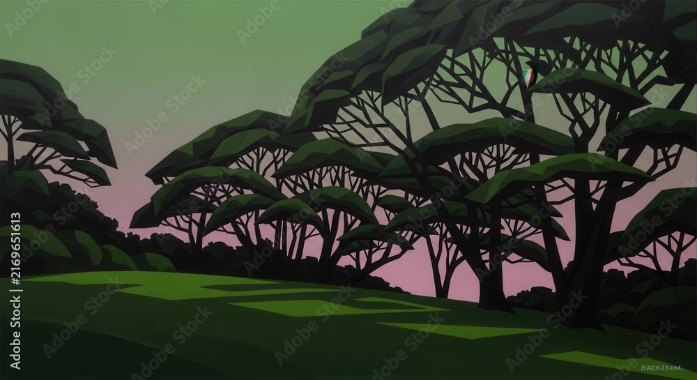 Fototapeta premium Stylized African Savanna Landscape Painting With Acacia Trees At Dusk