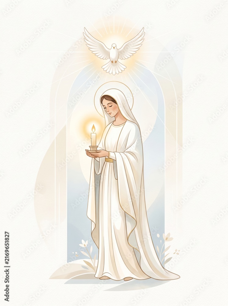 Naklejka premium Woman in white robe holding a lit candle beneath a descending dove. Christian faith, prayer, peace, spiritual devotion, and religious ceremony concept in elegant sacred illustration.
