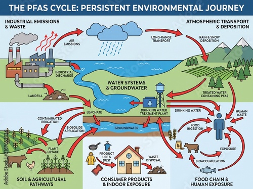Infographic diagram of environmental pfas chemical movement and cycle