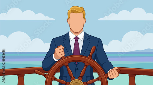 Businessman steering ship wheel, leadership concept, ocean background illustration