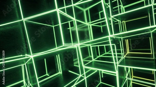 Glowing Neon Green Geometric Wireframe Cubes in Cyberspace