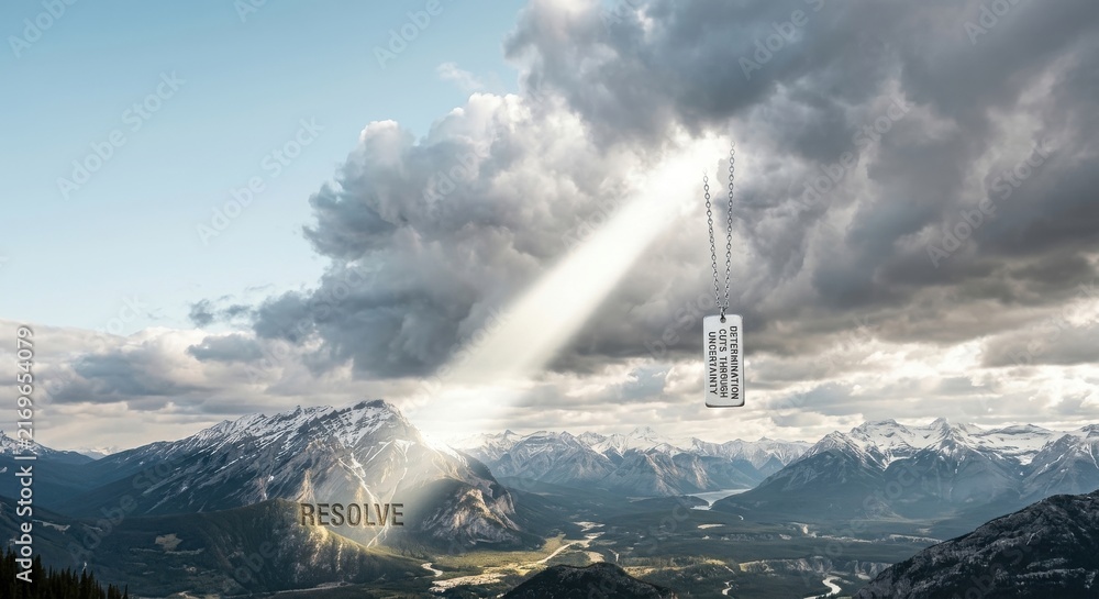 Fototapeta premium Resolve inspiring message on tag hangs in dramatic mountain light beam