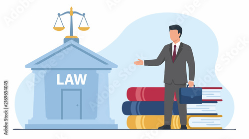 Lawyer standing by law building with scales of justice and legal books