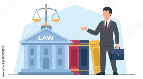 Lawyer standing next to courthouse with scales of justice and law books