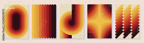Retro gradient poster templates set. Vector abstract geometric covers with rounded arches, layered curves, warm orange red yellow and brown tones for modern print and graphic design.