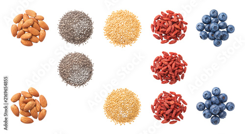 Obraz na płótnie Assortment of healthy superfoods and seeds in piles