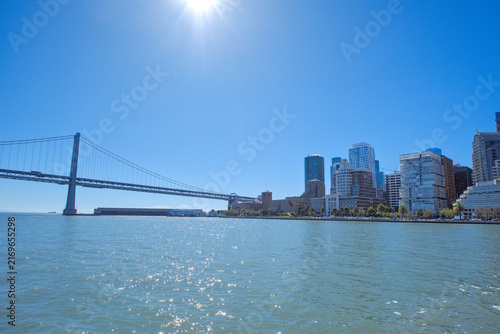 Embarcadero District with Oakland Bay Bridge in San Francisco, United States