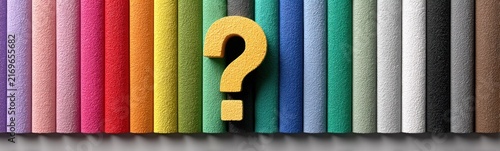 Question mark on a wall of colored paper banner copy space