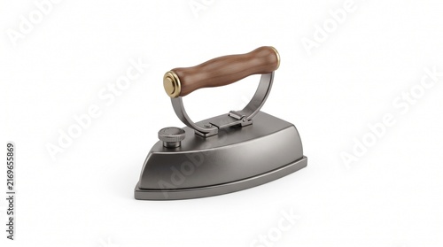 Vintage heavy flat iron with wooden handle isolated on white background, classic antique laundry tool for household chores and historical displays
