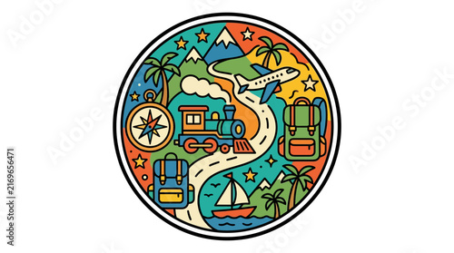 A vibrant travel adventure badge representing tourism and vacation transport options like planes and trains for global exploration and discovery.