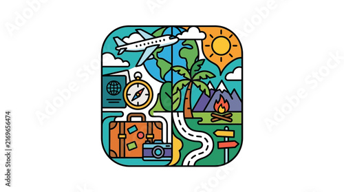 A vibrant illustration representing travel and vacation adventure through global tourism elements like an airplane, globe, suitcase, and campfire.