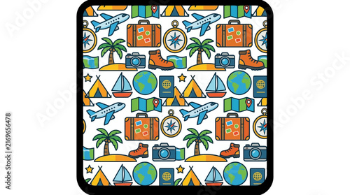 Seamless travel pattern featuring vacation icons such as airplanes and suitcases for adventure tourism concepts and summer holiday background designs.