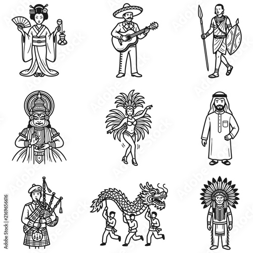 Hand drawn sketch illustrations showcasing traditional costumes and cultural diversity of ethnic people from world travel destinations.