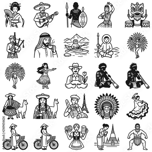 Hand-drawn sketch icons celebrating cultural diversity and traditional costumes from various people of the world, highlighting global heritage and