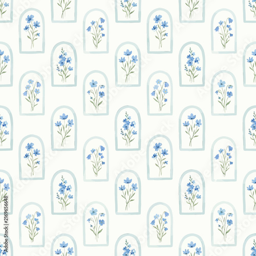 Elegant seamless pattern featuring dainty blue flowers set within minimalist arches for a botanical textile design and soft home decor.