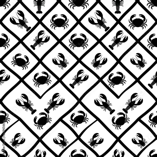 Seamless pattern featuring black silhouettes of lobster and crab icons in a diagonal grid, perfect for seafood restaurant nautical decor.