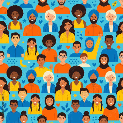 Vibrant seamless pattern featuring diverse people and a multiethnic community in a colorful flat illustration promoting social inclusion.