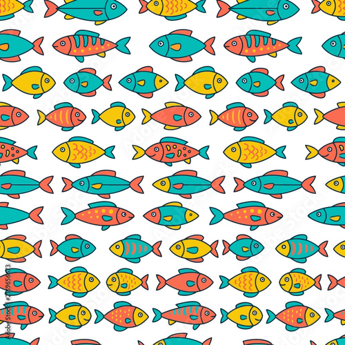 Seamless pattern of colorful fish in a hand drawn cartoon aquatic style representing vibrant marine life swimming in the ocean.