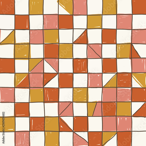 Abstract geometric pattern and abstract grid in mid-century modern style featuring warm tones and a textured background for textile designs.