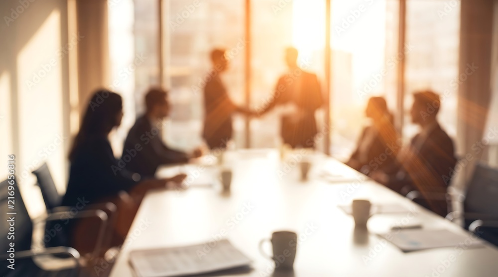 Obraz premium Blurred business people shaking hands in modern office meeting room with warm sunlight