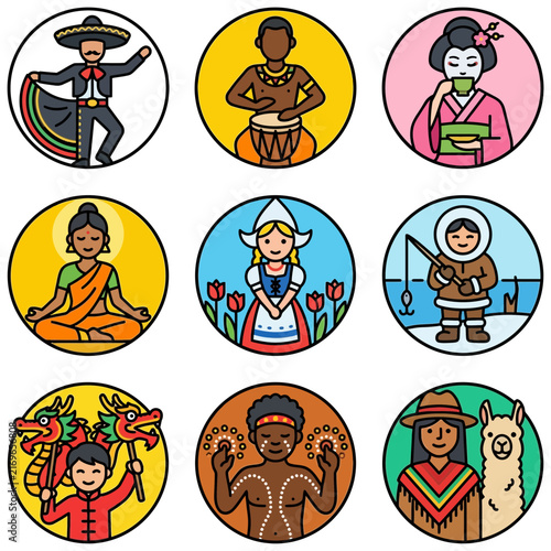 Set of global culture and diversity icons representing multicultural tradition and world heritage through characters in traditional costumes.