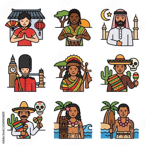 A collection of culture and diversity icons representing people from around the world showing different nationality and traditional heritage.